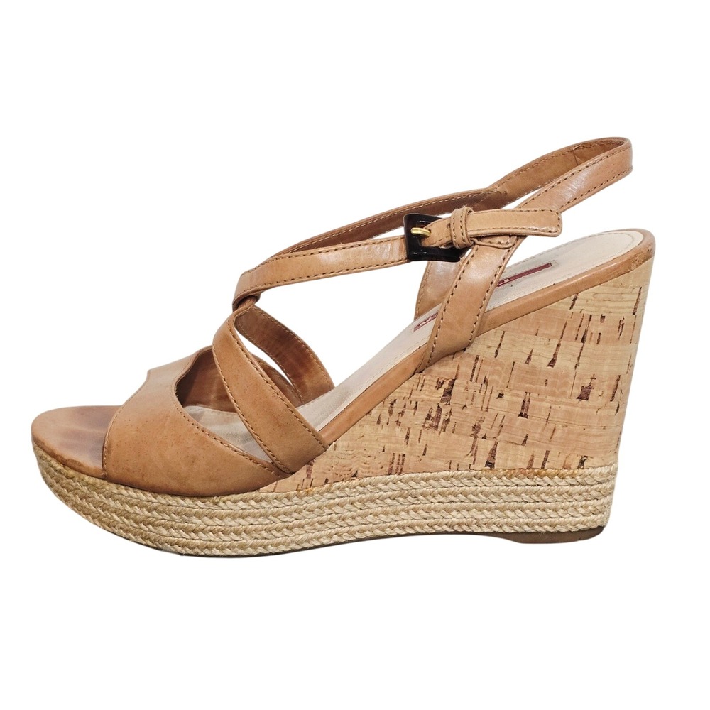 Prada‎ Tan Leather Cork Wedge Espadrille Sandals 3XZ146 Women 37.5